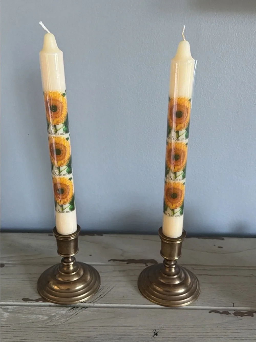 Sunflower Decorative Taper Candles w/Vintage Brass holders- Set of 2